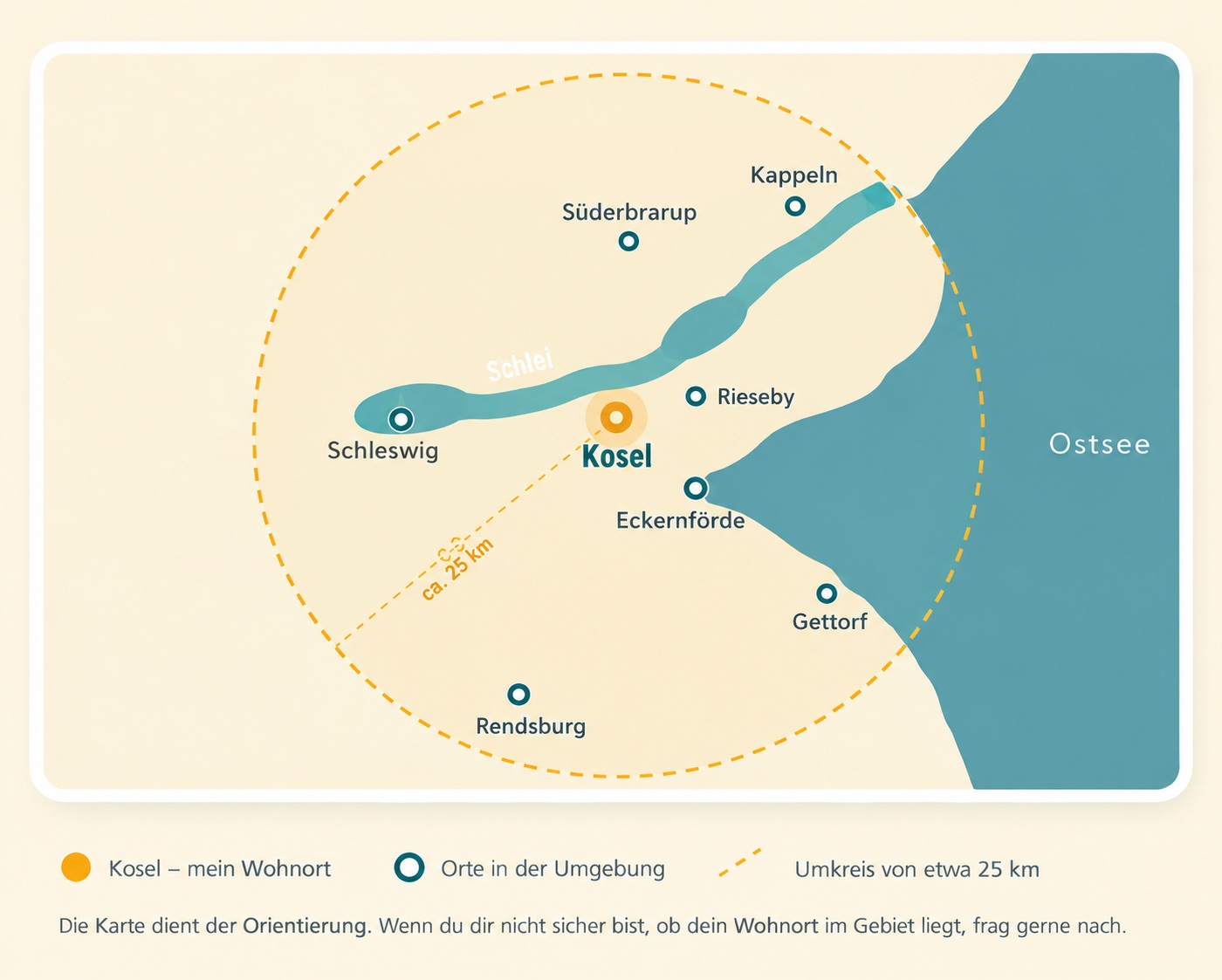 Karte des Betreuungsgebiets rund um Kosel mit einem Umkreis von etwa 25 Kilometern
